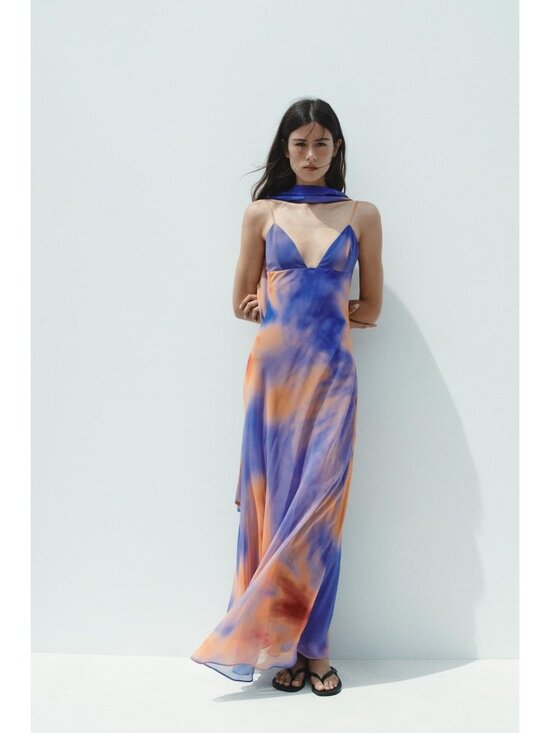 Zara Dresses & Skirts - Zara Women Printed Long Dress Size XS Orange Blue Tie-Dye Open Back 8221/119 NWT